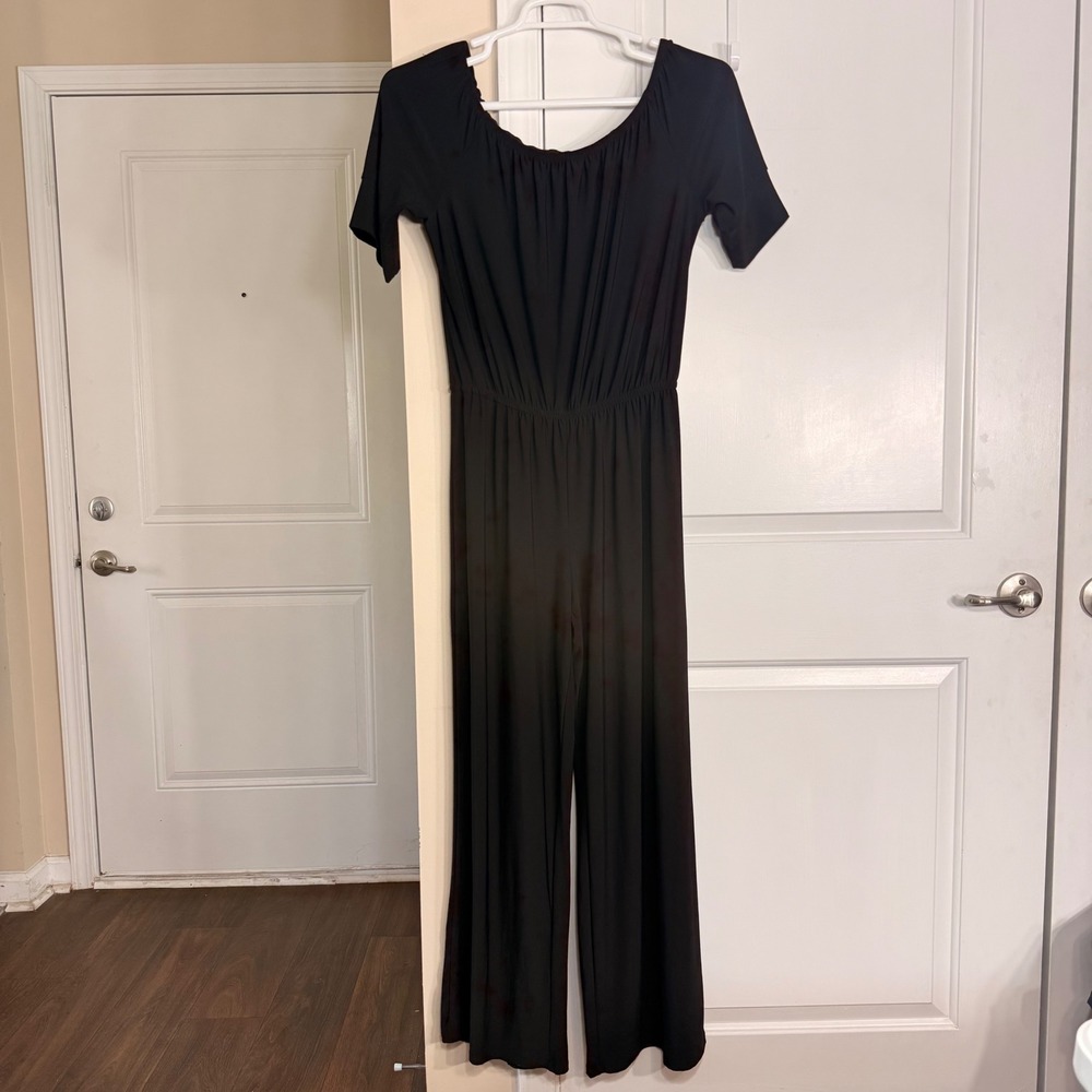 Tacera Black Wide Leg Jumpsuit Elastic Waist Short Sleeve Jersey Knit Medium